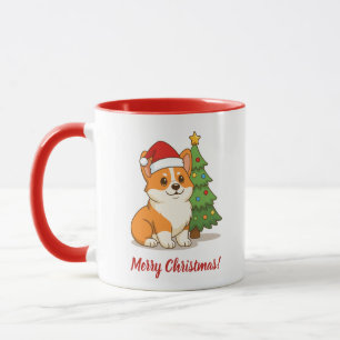 Süßer Corgi-Hund mit roter Mütze und Weihnachtsbau Tasse
