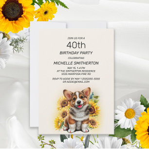 Süßer Corgi-Hund Sonnenblumen 40. Geburtstag Einladung