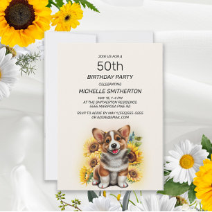 Süßer Corgi-Hund Sonnenblumen 50. Geburtstag Einladung