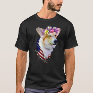 Süßer Corgi im Blumenkranz Amerikanische Flagge H T-Shirt