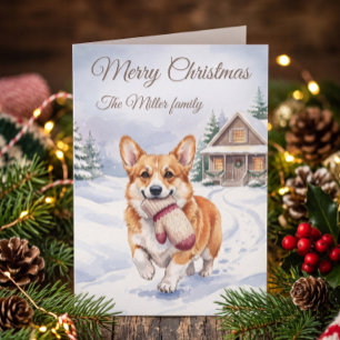 Süßer Corgi mit Handschuh-Wald-Weihnachten-Karte Karte
