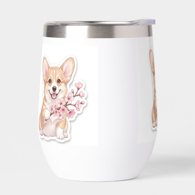 Süßer Corgi mit Kirschblütenzweig (Links)