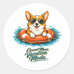 Süßer Corgi "Urlaubsmodus" Sommer-Design Runder Aufkleber