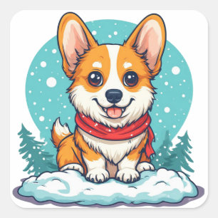 Süßer Corgi-Welpe im Schnee mit Winter Quadratischer Aufkleber