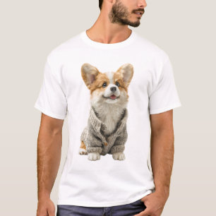 Süßer Corgi-Welpe in einem gemütlichen gestrickten T-Shirt