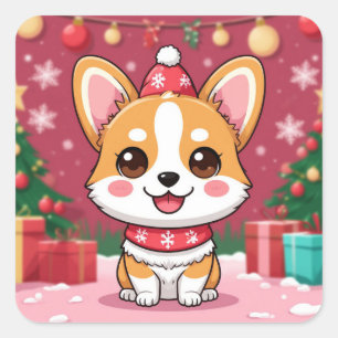 Süßer Corgi-Welpe mit Weihnachtsgeschenken Quadratischer Aufkleber