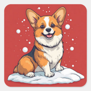 Süßer Corgi-Welpe sitzt in einer verschneiten Weih Quadratischer Aufkleber