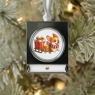 Süßer Corgi zieht Weihnachtsgeschenkschlitten-Orna Banner-Ornament Silber