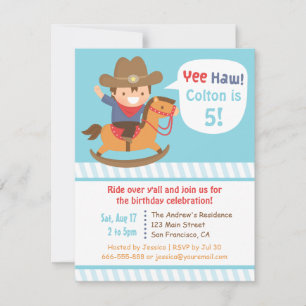 Süßer Cowboy auf Schaukelpferd Kindergeburtstagsfe Einladung