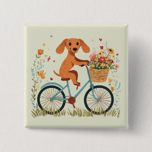 Süßer Dachshund Hund beim Radfahren mit Frühlingsb Button