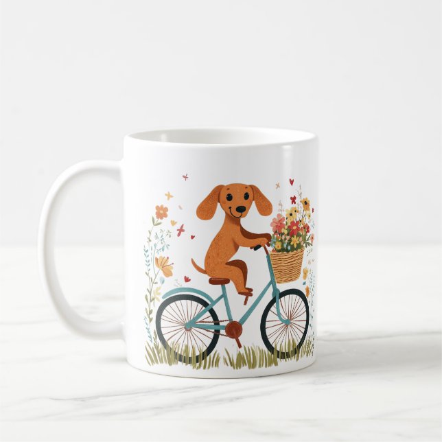 Süßer Dachshund Hund beim Radfahren mit Frühlingsb Kaffeetasse (Links)