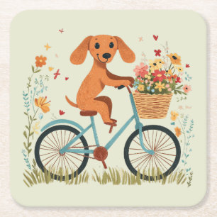 Süßer Dachshund Hund beim Radfahren mit Frühlingsb Rechteckiger Pappuntersetzer