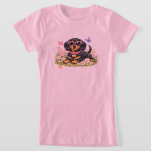 Süßer Dachshund im Blumenfeld im Frühling T-Shirt