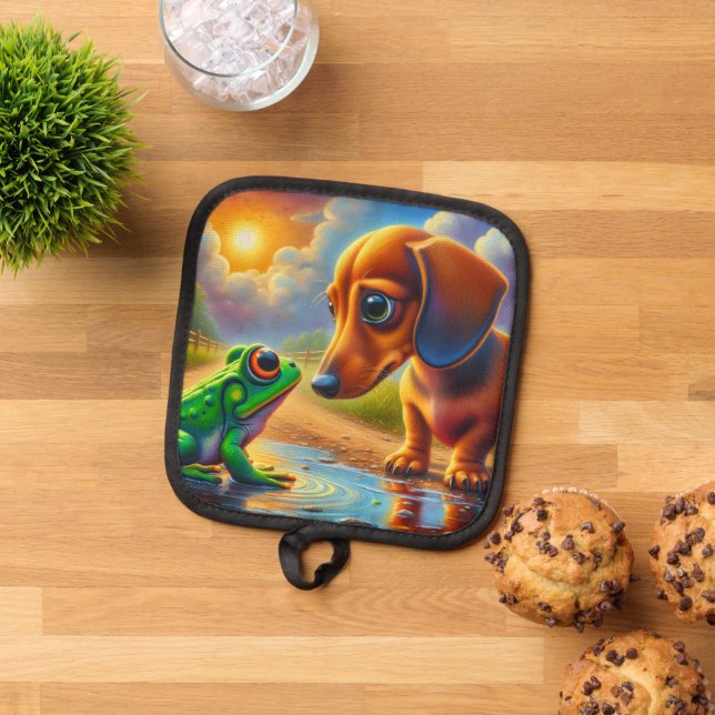 Süßer Dachshund und Frosch Topflappen (Oben Unten)
