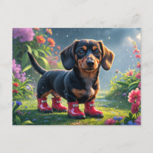 Süßer Dachshund-Welpe mit Regenstiefeln Postkarte