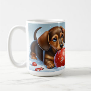 Süßer Dachshund-Welpe spielt mit rotem Ball Kaffeetasse