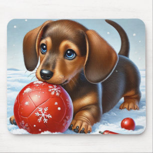 Süßer Dachshund-Welpe spielt mit rotem Ball Mousepad