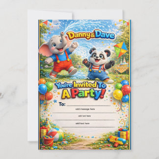 Süßer Danny und Dave Elefant und Panda Kindergebur Einladung