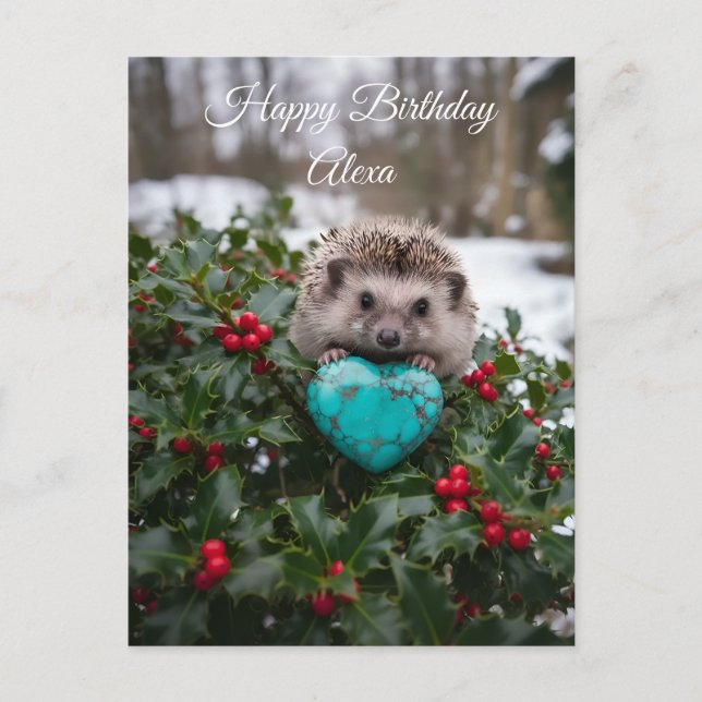 Süßer Dezember-Igel mit Türkis-Herz Postkarte (Vorderseite)