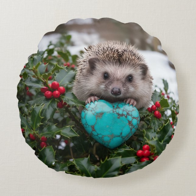 Süßer Dezember-Igel mit Türkis-Herz Rundes Kissen (Vorderseite)