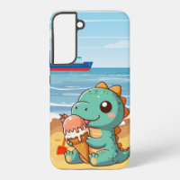 Süßer Dino, der am Strand Eis isst
