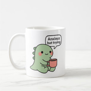 Süßer Dinosaurier ängstlich, aber versucht es Kaffeetasse
