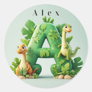 🦖 Süßer Dinosaurier Buchstabe A Dschungel Kinder Runder Aufkleber