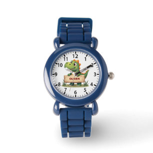 Süßer Dinosaurier mit Namensschild personalisiert Armbanduhr
