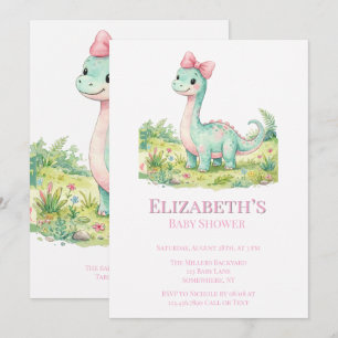 Süßer Dinosaurier mit rosa Schleife Baby Shower Einladung