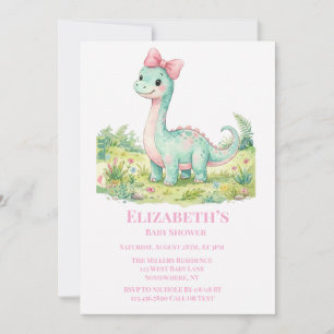 Süßer Dinosaurier mit rosa Schleife Baby Shower Einladung