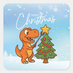 Süßer Dinosaurier mit Weihnachtsbaum Quadratischer Aufkleber