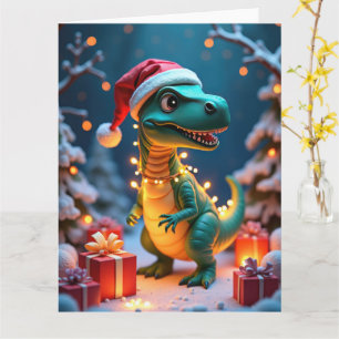 Süßer Dinosaurier umwickelt mit Lichtern Weihnacht Karte