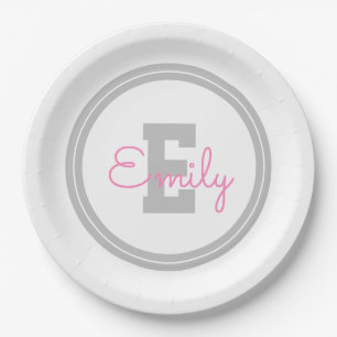 Süßer eingerahmter Name & Monogramm Hellgrau & R Pappteller
