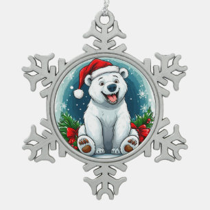 Süßer Eisbär mit Weihnachtsmannmütze und Schal Schneeflocken Zinn-Ornament