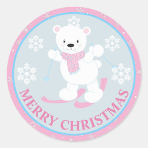 Süßer Eisbär und Schneeflocken Rosa Weihnachten Runder Aufkleber