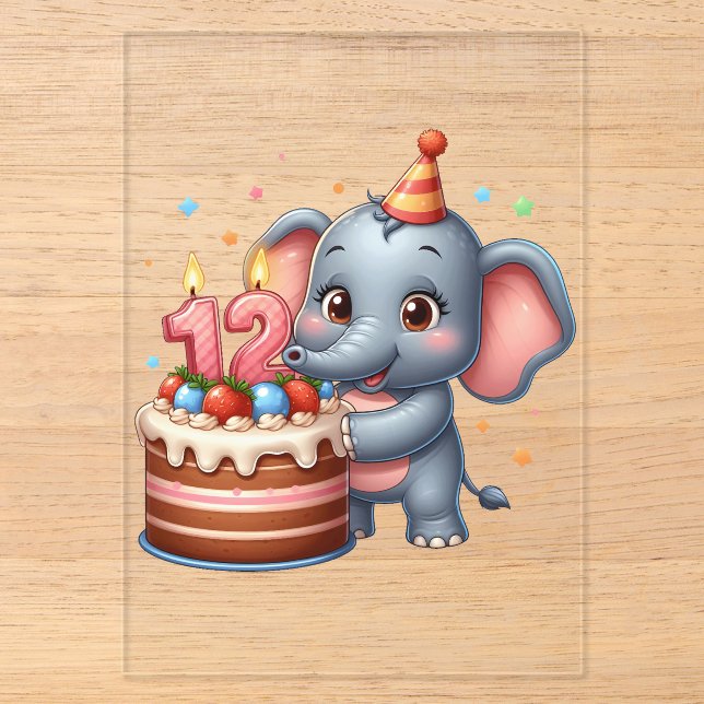 Süßer Elefant 12. Geburtstag Acryleinladungen (Vorderseite)