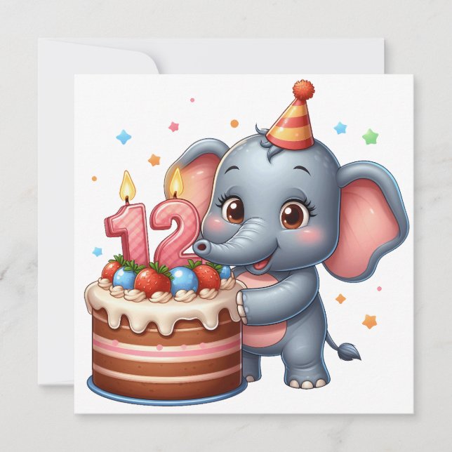 Süßer Elefant 12. Geburtstag Einladung (Vorderseite)