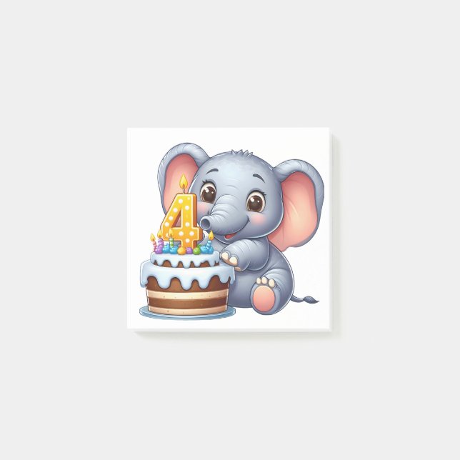 Süßer Elefant 4. Geburtstag Post-it Klebezettel (Vorderseite)