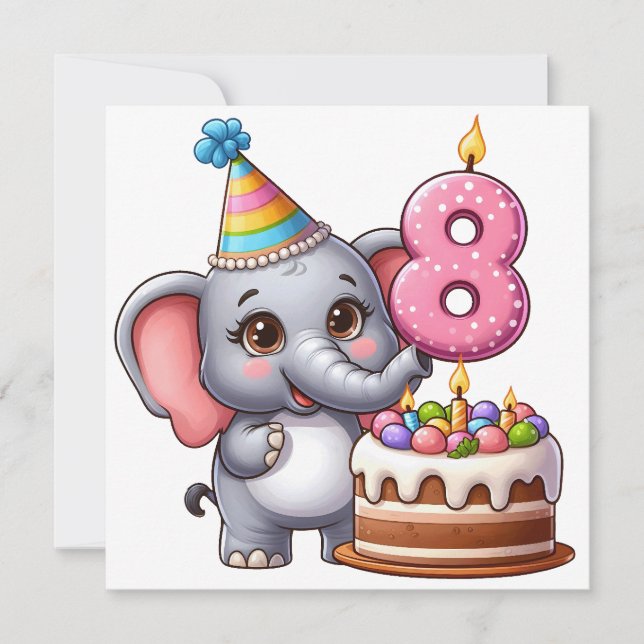 Süßer Elefant 8. Geburtstag Einladung (Vorderseite)