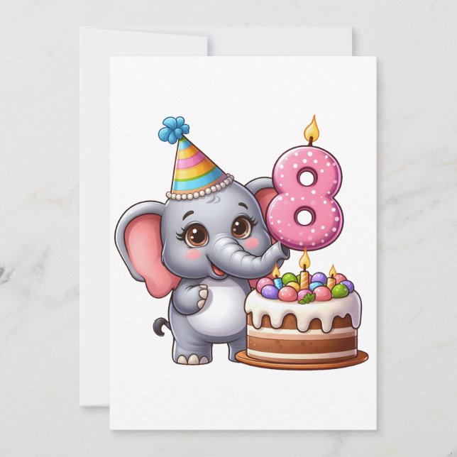 Süßer Elefant 8. Geburtstag Einladung (Vorderseite)