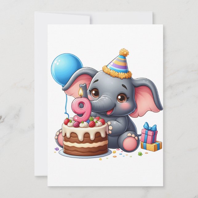 Süßer Elefant 9. Geburtstag Einladung (Vorderseite)