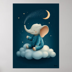 Süßer Elefant auf Wolken-Kinderzimmer-Bettzeit Poster