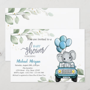 Süßer Elefant,Auto,Ballons, Blätter Baby Shower  Einladung