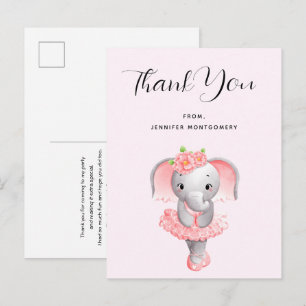 Süßer Elefant Ballerina Rosa & Grau Danke Postkarte