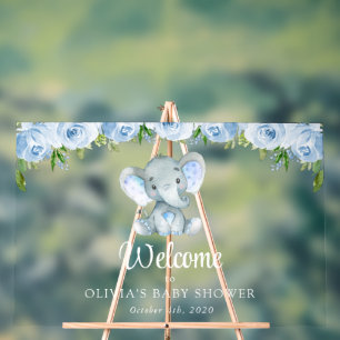 Süßer Elefant, Blaue Blumen, Babyparty-Willkommen Acrylschild
