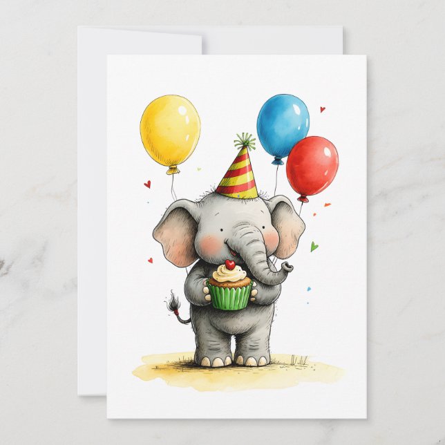 Süßer Elefant & Cupcake Kinder Geburtstag Flat Karte (Vorderseite)