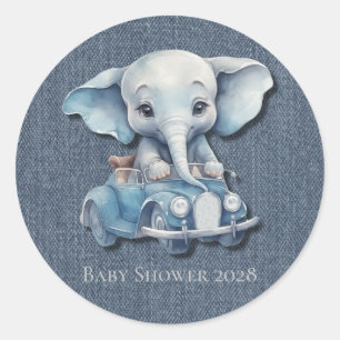 Süßer Elefant Denim Vintage Auto Junge Baby Shower Runder Aufkleber