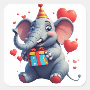 Süßer Elefant Geburtstagsparty mit Geschenk 🎁 Quadratischer Aufkleber
