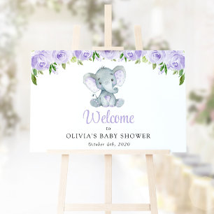 Süßer Elefant, lila Blumen, Babyparty-Willkommen Poster
