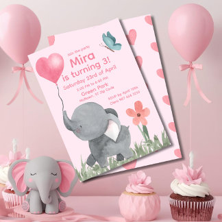 Süßer Elefant mit Ballon-Geburtstagsfeier Einladung